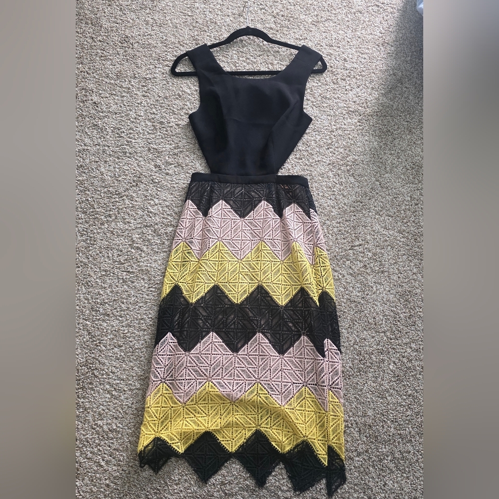 BCBGMaxAzria Black Bodice Midi Skirt with Pink & Yellow Zigzag Lace